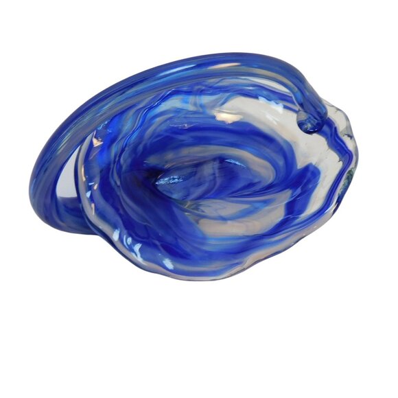 Hand Blown Art Glass Basket Bowl W/Handle Blue 6.5x5x4.5" - Picture 2 of 9